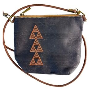 Sew Da Kine Black Cork Crossbody Bag Embroidered Triangle Hawaii Handmade Pouch